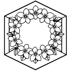 Floral wreath within a hexagon of black lines in a minimalist style.