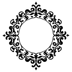 Intricate black and white decorative border, featuring floral and scroll details, creating a symmetrical circular design with ornate embellishments.
