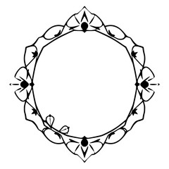 A symmetrical, ornamental, and artistic frame featuring a circle-shaped center, intricate floral design, and a minimalistic monochrome style.