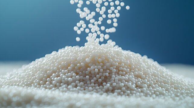White beads and polystyrene foam beads scattered on a surface creating a textured background
