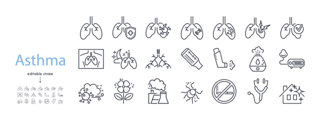 Asthma line icons set. Respiratory diseases, lungs, bronchi, spirometer, inhaler, allergens, x-ray, chest cavity, nibulizer, asthma attack vector illustration. Editable Strokes