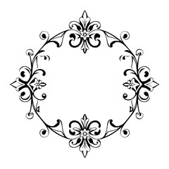 A symmetrical, black and white, floral art Nouveau inspired, oval shaped frame with decorative elements against a white background.