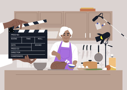 Enthusiastic senior showcases their culinary skills in a vibrant kitchen during a lively cooking show, highlighting the joy of making food