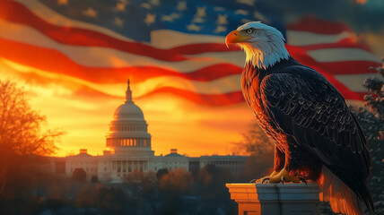 Bald eagle with U.S. Capitol and American flag backdrop, glowing sunset, symbolic patriotic scene, ideal for independence and national pride-themed designs