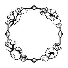Floral Frame: A symmetrical black and white line drawing of flowers and seaweed surrounding a polygonal frame, embodying minimalist art.