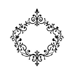 Black ink, elegant floral frame with an ornate design, and a decorative appearance on a white background.