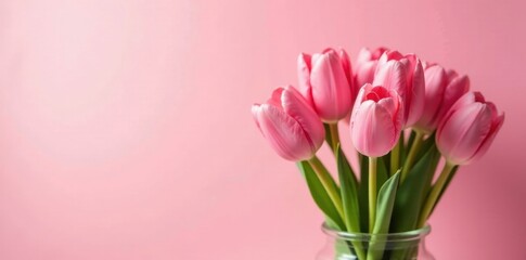 Fototapeta premium A delicate bouquet of light pink tulips in a clear glass vase against a soft pink background, perfect for spring celebrations and elegant designs.