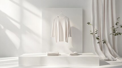 Minimalist clothing display featuring neutral tones and soft textures in a serene setting. Generative AI