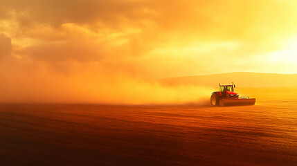 Tractor operating at sunset in a dusty field, creating a dramatic silhouette against the vibrant sky