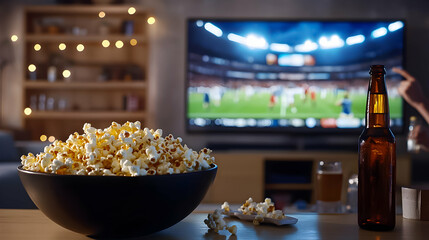 Enjoying a cozy movie night at home with popcorn and drinks while watching a sports game on a big screen