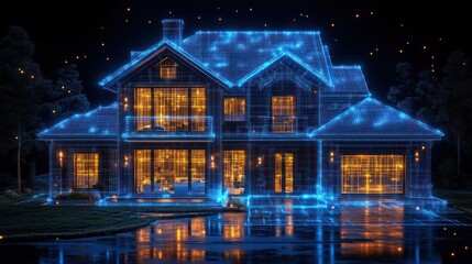 Smart home at night, illuminated house, glowing network, glowing trees in background