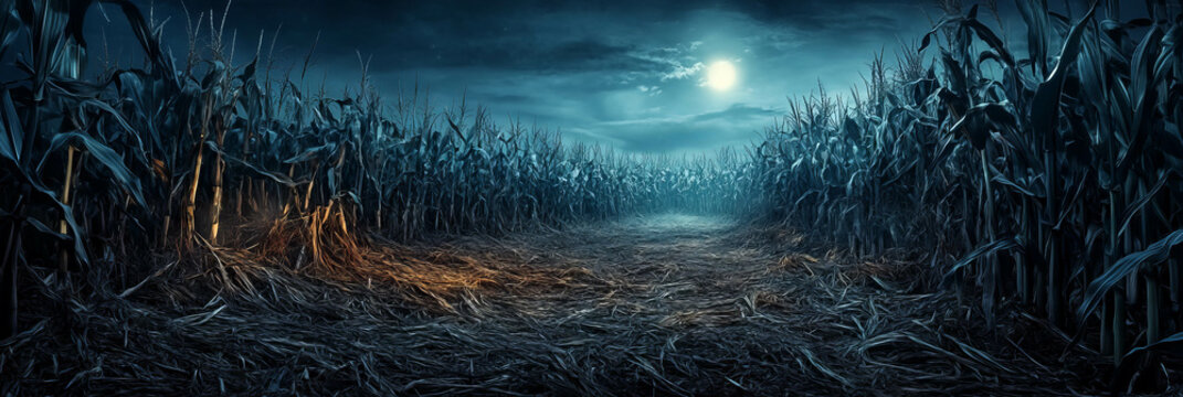 Spooky night in a cornfield with rustling stalks and ominous shadows