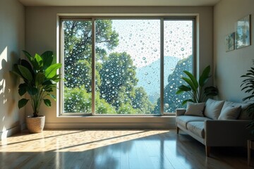 Serene living room with large window showcasing a rain-streaked view of lush greenery, sunlight filtering through, and potted plants adding to the tranquil atmosphere.