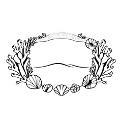 Black and white illustration of a oval border encompassing seaweed and seashells, with an open area in the middle.