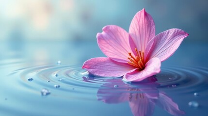 Serene Pink Blossom Floating Gently on Tranquil Water Surface Creating Concentric Ripples