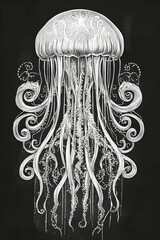 Intricate black and white illustration of a jellyfish with flowing tentacles and detailed patterns in an artistic style