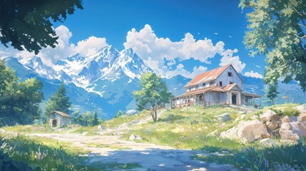 Obraz premium Mountain house retreat scenic landscape digital art tranquil environment wide angle nature inspiration