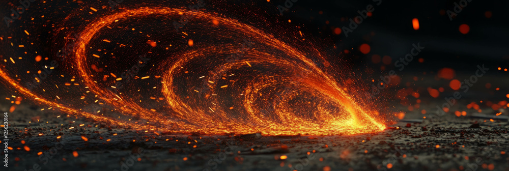 Poster swirling red sparks creating dynamic patterns in a darkened environment