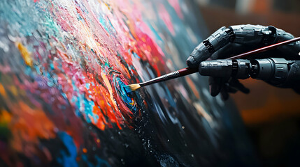 Robot artist creates vibrant abstract painting with colorful brush strokes in a studio setting