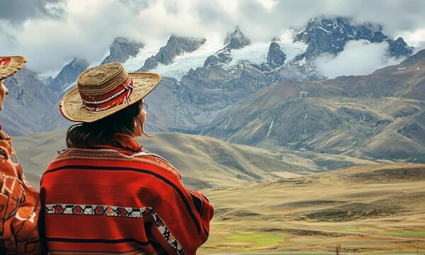 Native South American man looking over the Beautiful landscape with mountains at the background