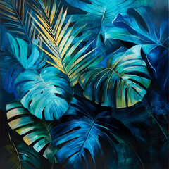 Tropical Leaves Illuminated with Blue and Green