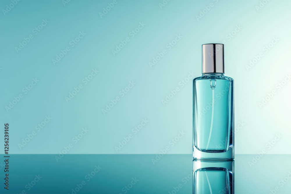 Leinwandbilder sleek cosmetic bottle on reflective surface with pastel background for product display and branding.