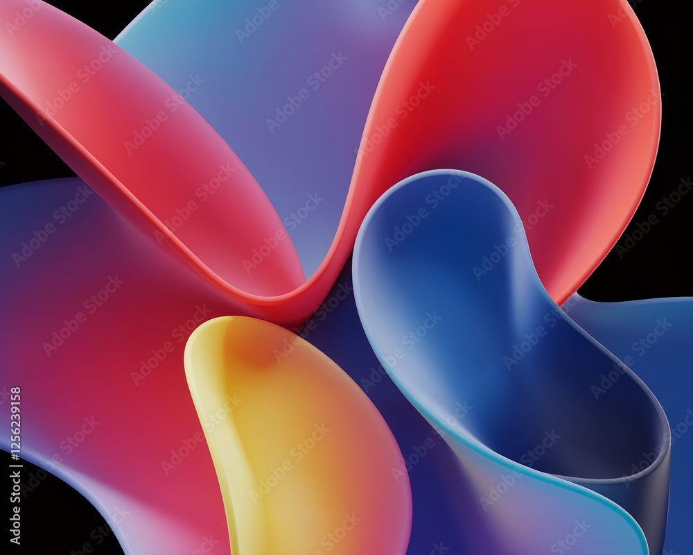 Aufkleber an abstract 3d composition featuring soft flowing red, blue, and yellow curves, creating a smooth, d