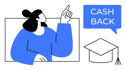 Person gesturing towards CASH BACK text in speech bubble, alongside graduation cap. Ideal for educational savings, school rewards, financial literacy, student discounts, economic incentives, academic