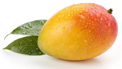 Ripe Mango with Leaves on White Background