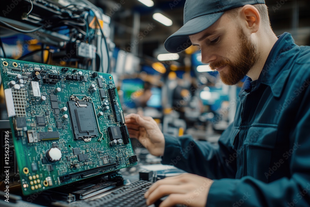Poster engineer holding a motherboard comparing with a digital twin 3d model on computer in a modern factor