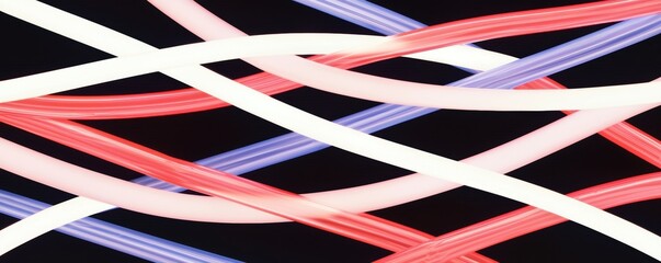 Abstract arrangement of intersecting neon lines in dynamic red and blue hues, symbolizing energy, technology, and modern design