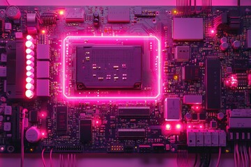 Obraz premium Ai chip technology high fidelity lab closeup view neon glow environment futuristic concept