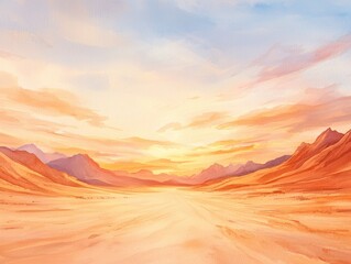 Naklejka premium Sunset landscape over desert arid terrain digital painting serene environment wide viewpoint nature concept