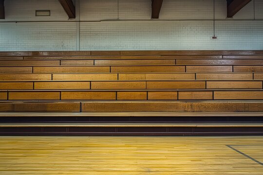 Empty Gym Bleachers . An unoccupied gymnasium showcasing a bench positioned in the center, emphasizing the emptiness of the space.