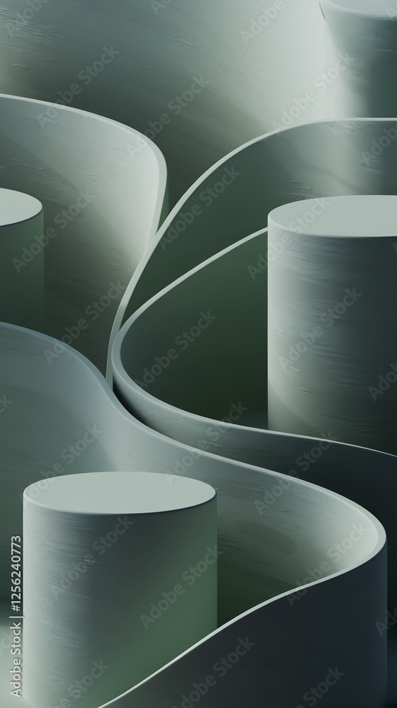 Poster A vertical 3D abstract composition featuring smooth, curved lines and stacked circular shapes in shades of green, symbolizing harmony and fluidity in design.