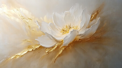 Artistic oil painted white flower laying across the canvas richly decorated with golden paint, impasto textured pattern 