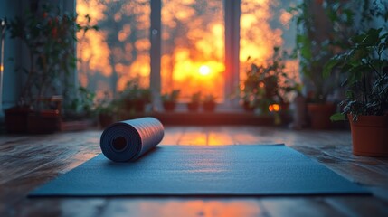 Serene Sunset Yoga Rolled Mat on Wooden Floor Plants Window View