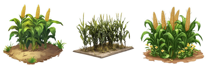Obraz premium Set of High-resolution stock photo of multiple corn plants, including stalks, leaves, and ears of corn on transparent png background
