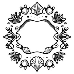 Intricate black and white mandala of organic, floral, and seashell elements.