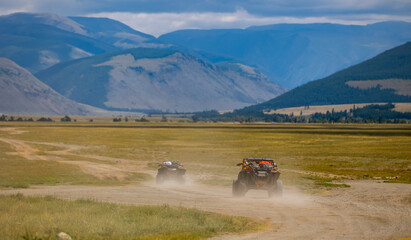 Fototapeta premium Adventurous off roading in Altay mountains, rugged terrain and majestic views