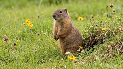 Fototapeta premium Adorable woodchuck posing by burrow amidst vibrant wildflowers in sunny meadow perfect for nature lovers and animal enthusiasts