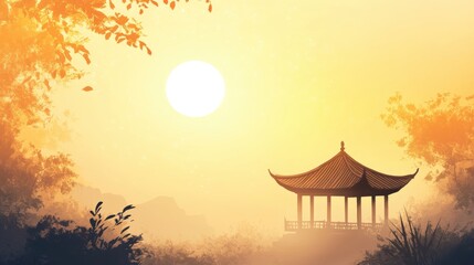 Obraz premium Chinese landscape illustration. Traditional temple, pavilion or house with oriental pagoda in rural China, view of flat mountain lake and flowering tree. Travel to Asia background
