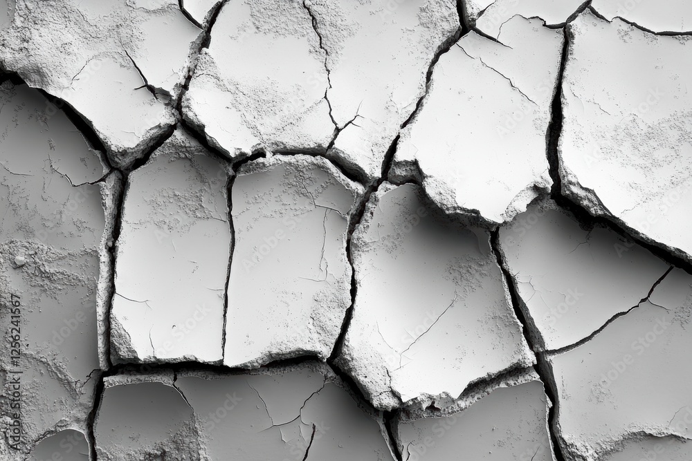 Poster a close-up of cracked white paint on a textured wall, showcasing intricate patterns of damage, peeli
