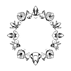 Geometric Ring-shaped design in black and white with seashells and flowers.