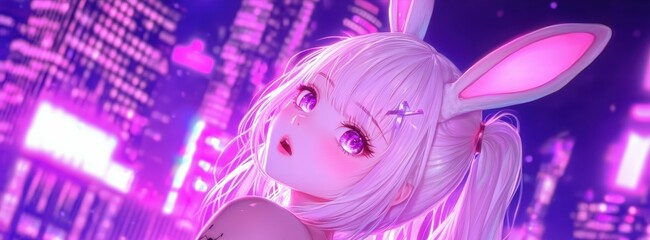Bunny-eared anime girl with radiant white hair, a playful tattoo, and a cyberpunk city skyline glowing with futuristic charm
