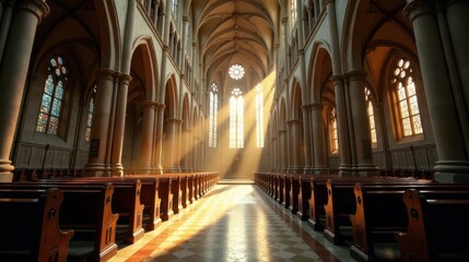 Obraz premium Golden rays illuminate the hallowed sanctuary, casting a divine glow upon the pews and stained-glass windows within this majestic house of worship.