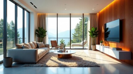 Fototapeta premium Modern Living Room with Panoramic Mountain View and Cozy Decor