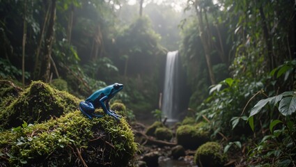 Naklejka premium Vibrant blue poison dart frog on mossy log in lush rainforest with misty waterfall backdrop exotic wildlife in natural habitat