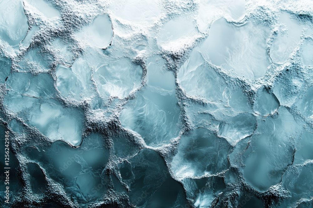 Poster a close-up view of crystalline ice formations, showcasing intricate textures and patterns against a 