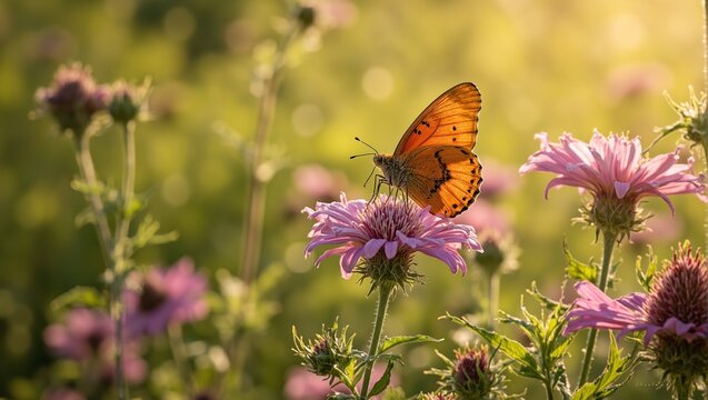 Vibrant monarch butterfly on a purple coneflower in a sunlit meadow wings glowing in the afternoon sun